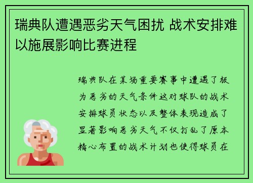 瑞典队遭遇恶劣天气困扰 战术安排难以施展影响比赛进程